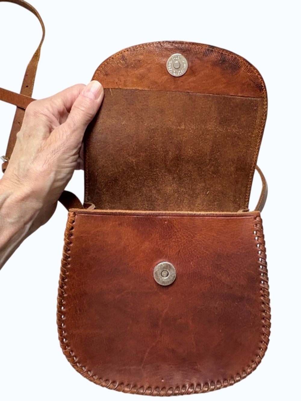 bag brown leather vintage mini cross body unlined minimal snap close handmade - Picture 8 of 14